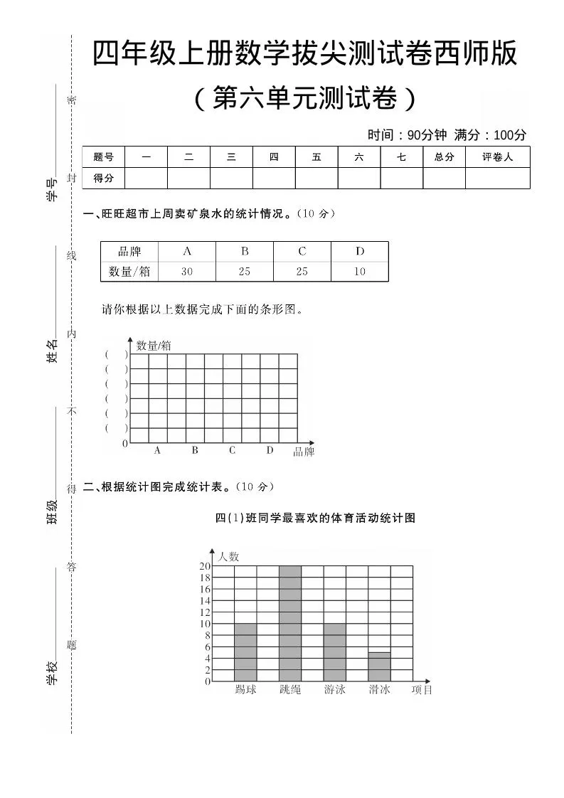 四年级上数学第六单元拔尖测试卷《西师版》-大象资料网