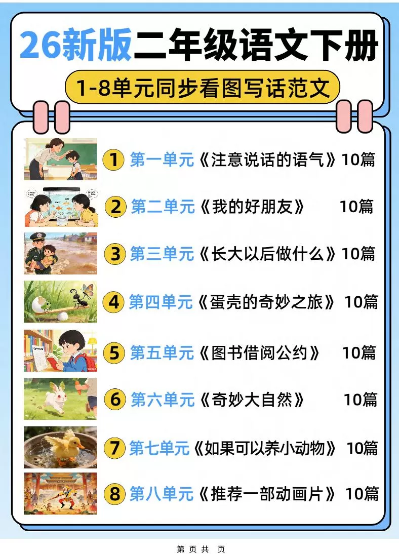 26新二下语文1-8单元同步看图写话范文80篇（80页）-大象资料网