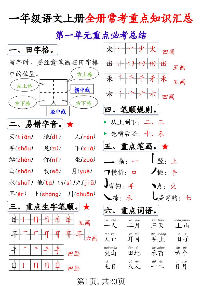 一上语文全册常考重点知识汇总20页-大象资料网