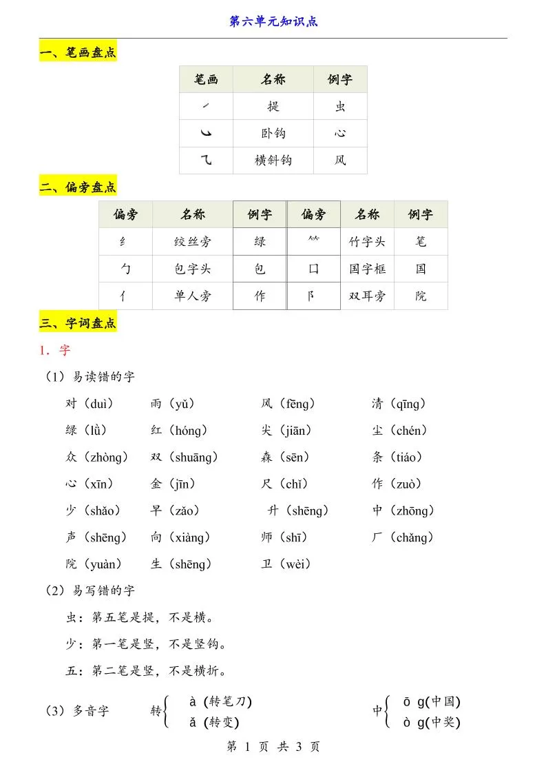 第6单元（知识点）一上语文-大象资料网