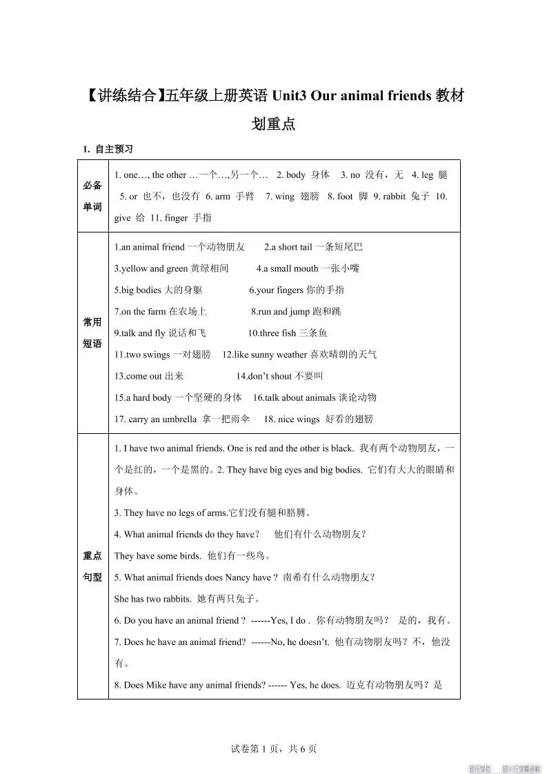 【单元热点难点】译林版（三起）英语五年级上册Unit3Ouranimalfriends教材划重点-大象资料网