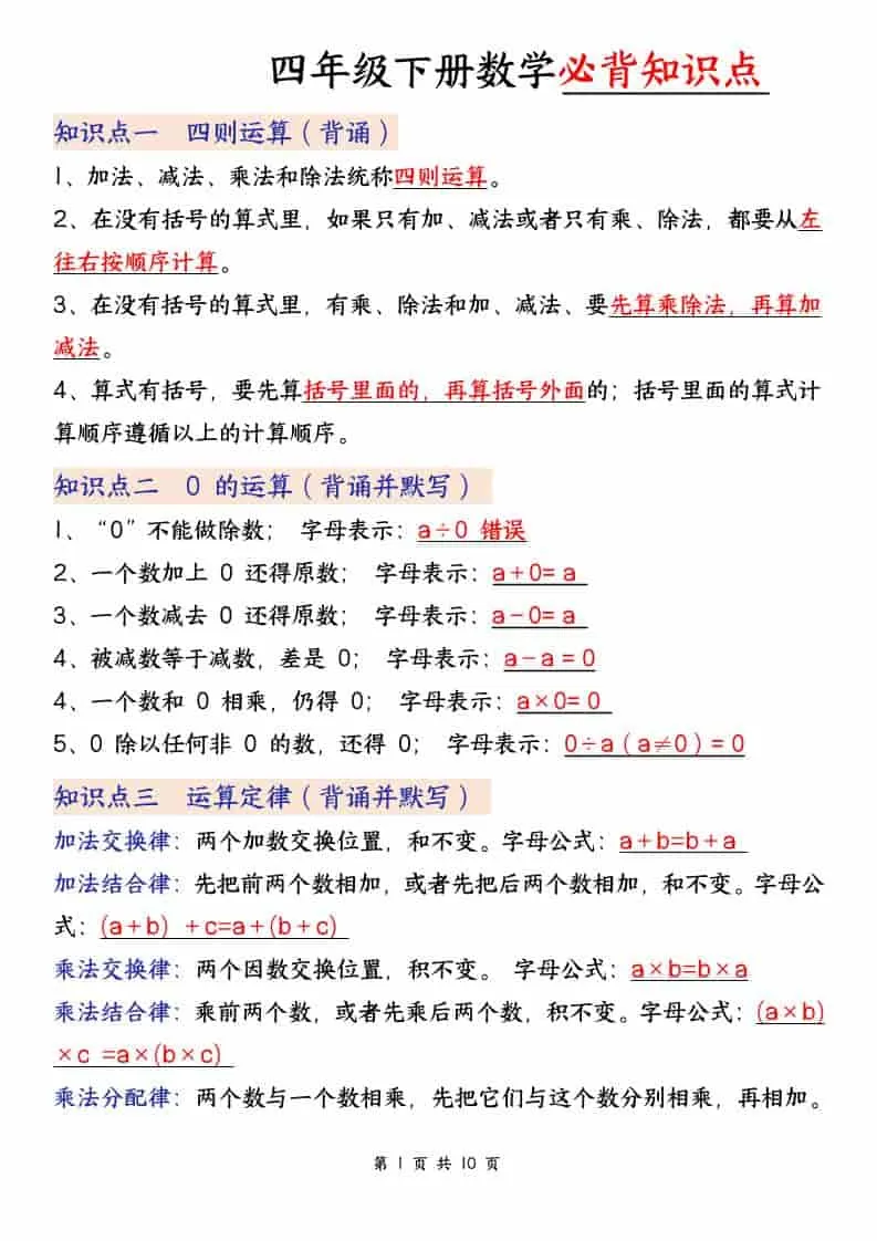 四年级下数学必背知识点,《人教版》-大象资料网