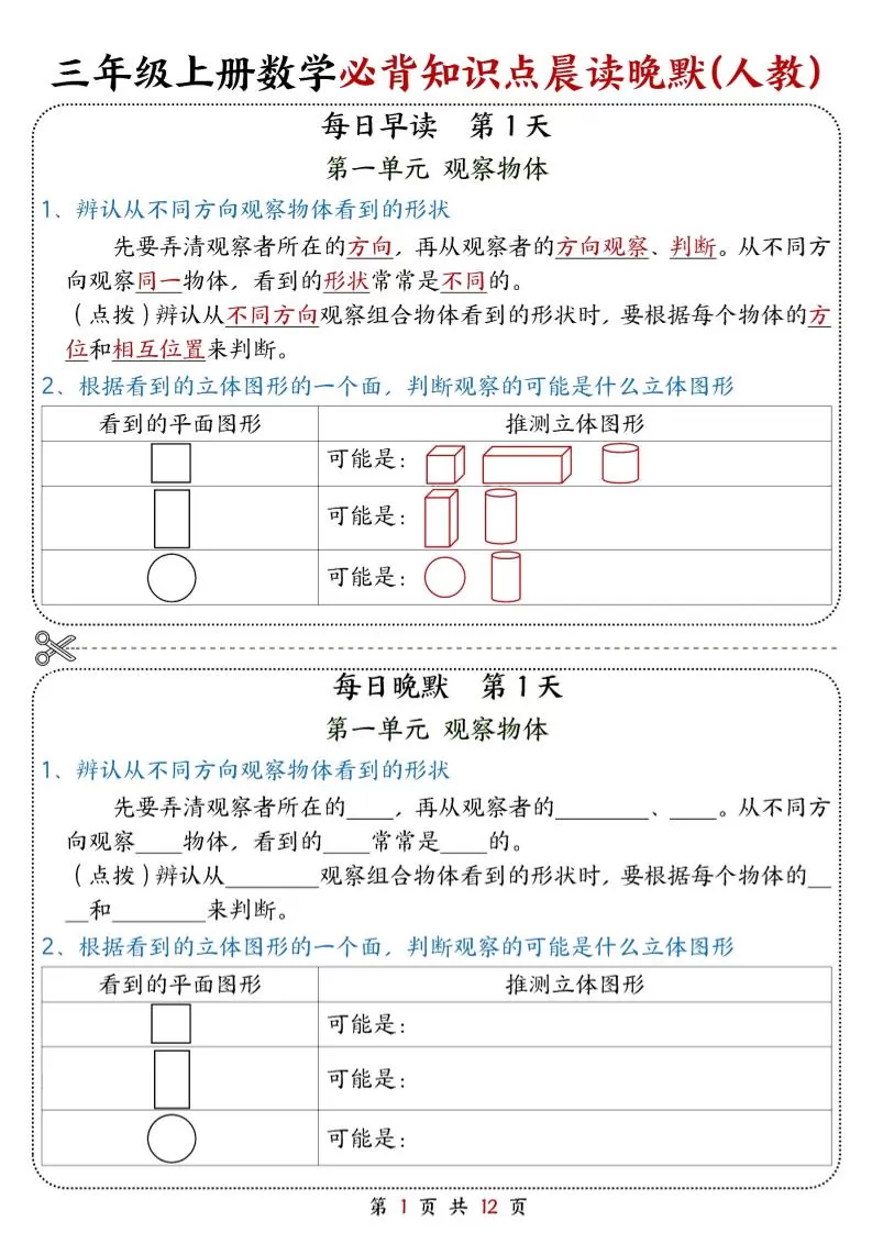25新三上数学必背知识点晨读晚默（人教版）12页-大象资料网