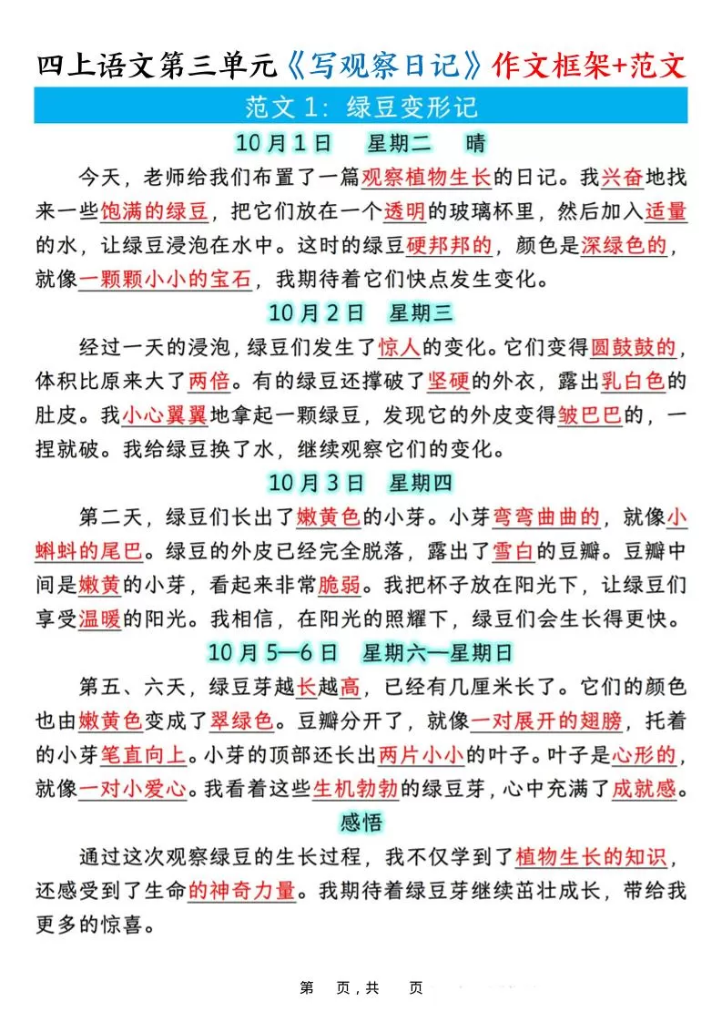四上语文第三单元《写观察日记》作文支架＋优秀范文10页
