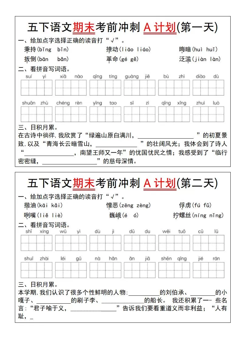 【期末复习系列】五下语文期末考前冲刺A计划（1-10）-大象资料网