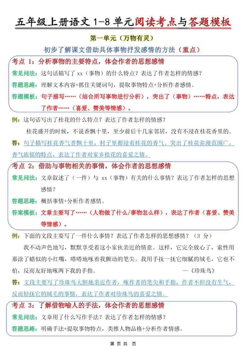 五年级上语文1-8单元阅读考点与答题模板-大象资料网