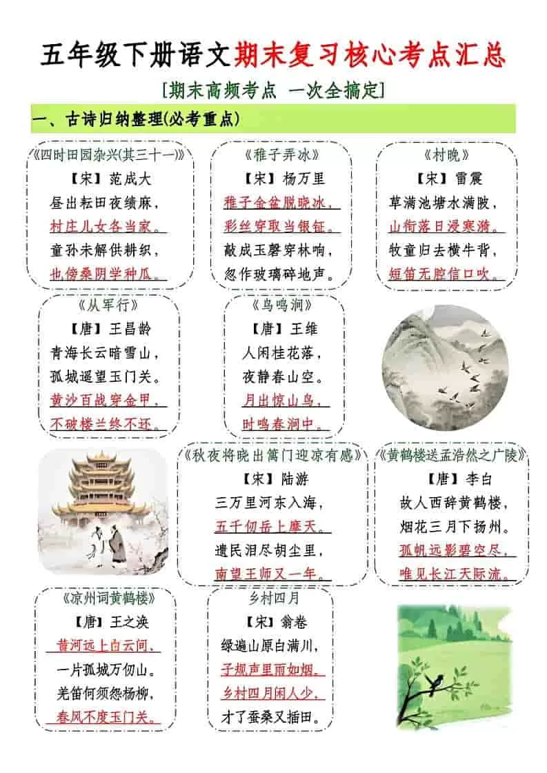 五年级下语文期末复习核心考点汇总-大象资料网