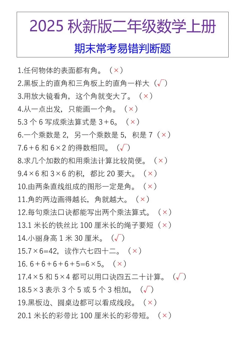【2025秋新版】二年级数学上册期末常考易错判断题-大象资料网