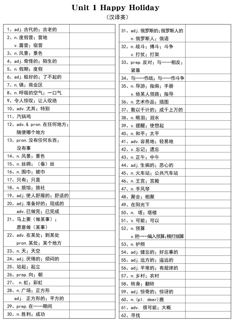 新八年级上英语单词汉译英（人教版）-大象资料网