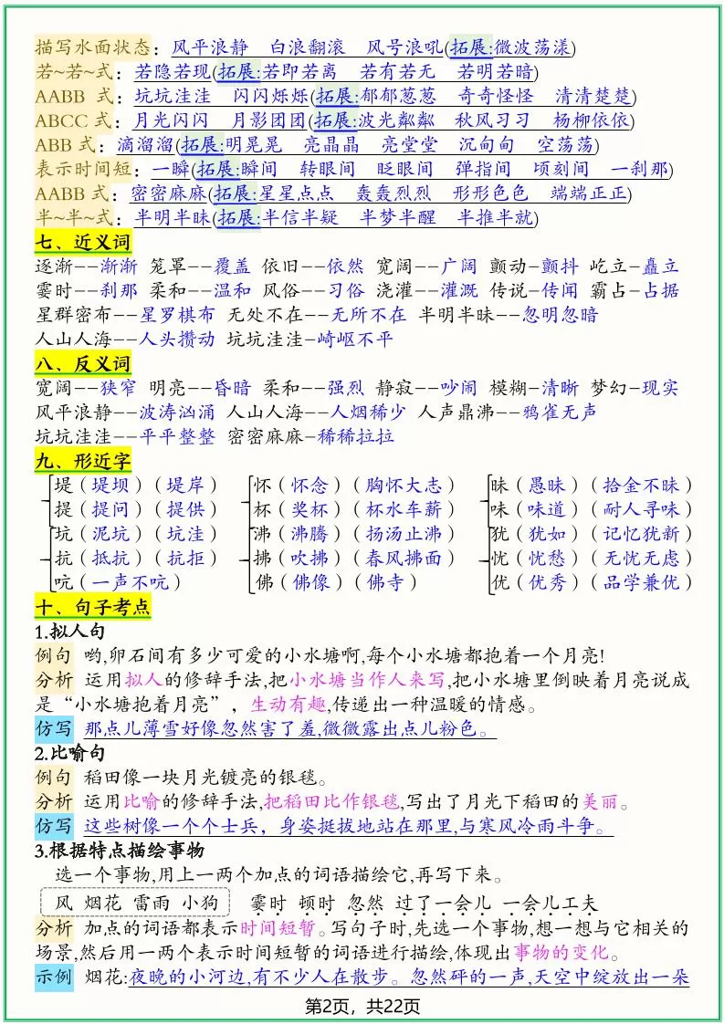 四上语文1-8单元高频考点总结单（十二个考点归纳）22页