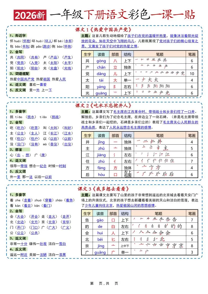 新一年级下语文彩色一课一贴