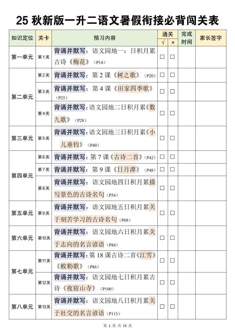 二上语文暑假衔接必背闯关表-大象资料网