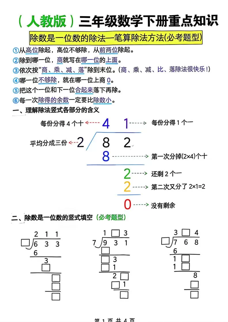 三年级下数学除数是一位数的除法—笔算除法方法(必考题型)《人教版》-大象资料网