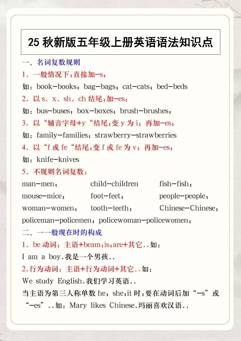 【2025秋新版】五年级上册英语语法知识点-大象资料网
