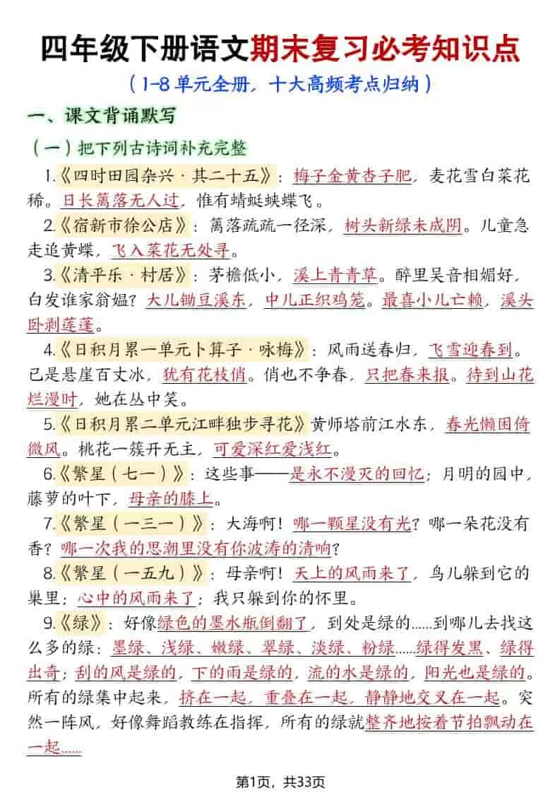 四年级下语文期末复习必考知识点（十大高频考点归纳）-大象资料网