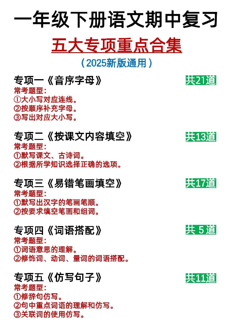 25新一下语文期中复习五大专项重点合集14页-大象资料网