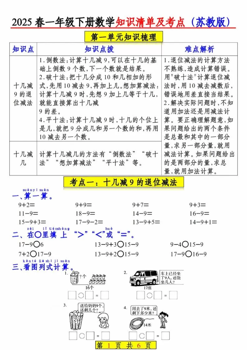 一年级下数学知识清单及考点《苏教版》-大象资料网