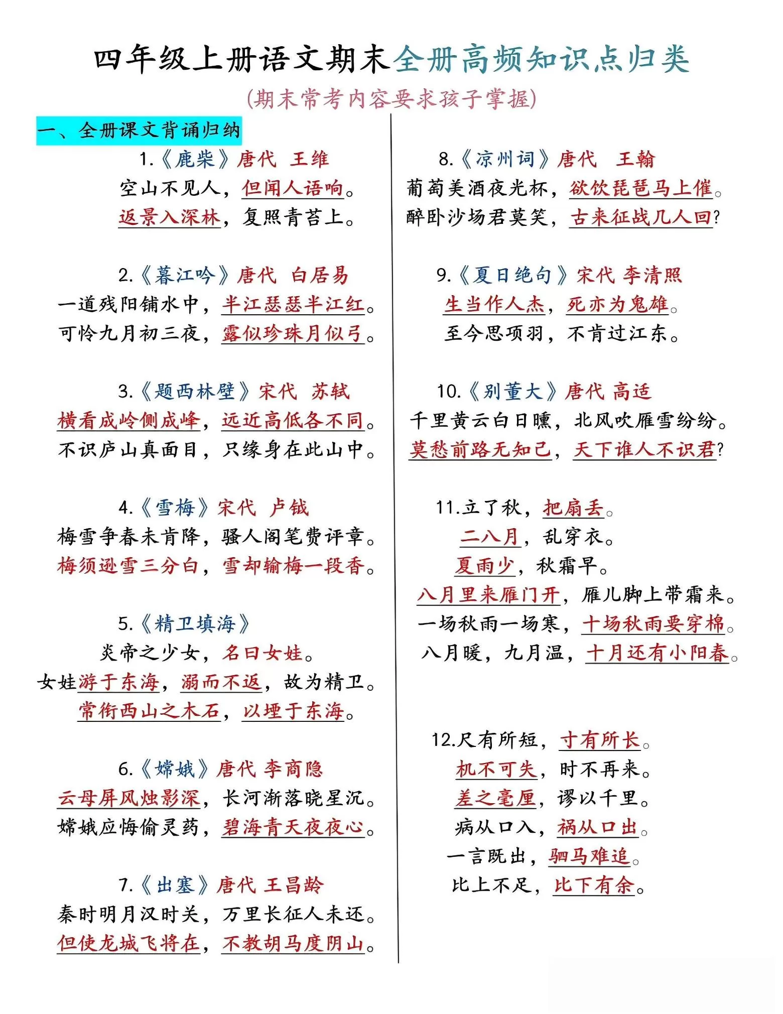 四年级上语文期末全册高频考点知识点归类-大象资料网