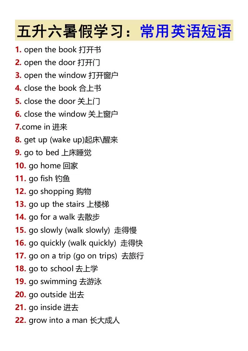 五升六暑假学习：常用英语短语-六上英语-大象资料网