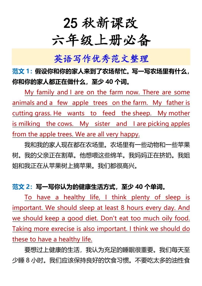【2025秋新版】六年级上册必备英语写作优秀范文整理-大象资料网