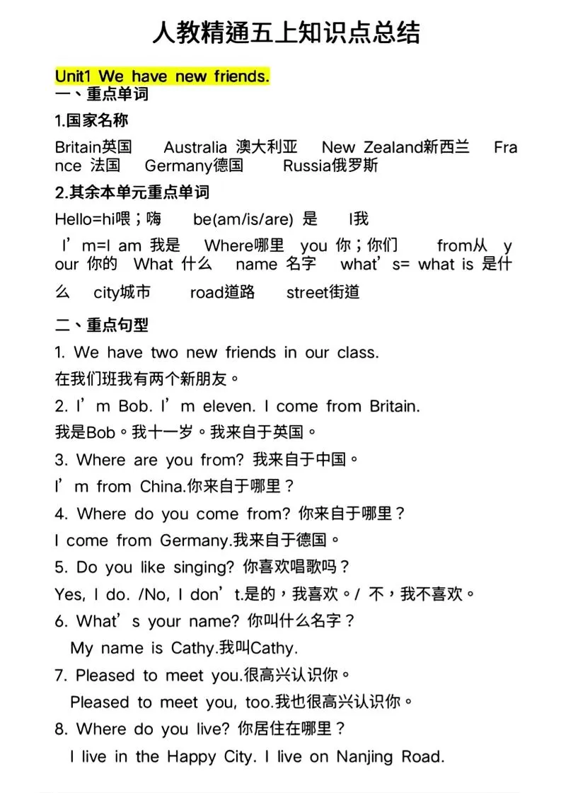 人教精通五上英语知识点总结-大象资料网