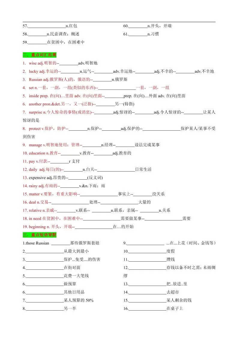 七年级上英语Unit7知识清单背默