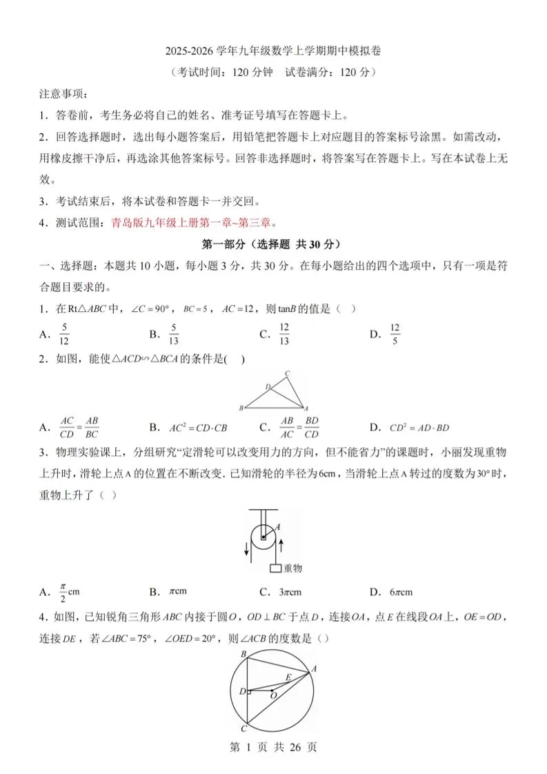 九年级上数学期中模拟卷（青岛版）-大象资料网