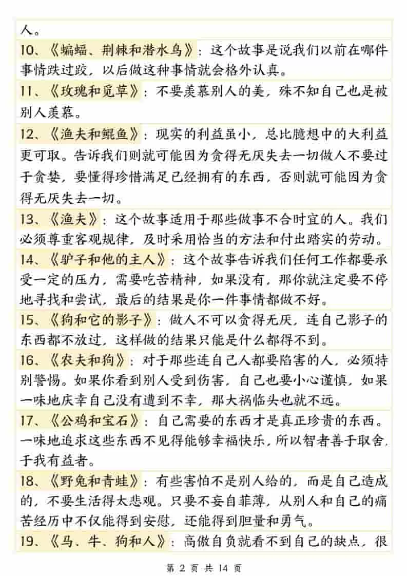 三年级下语文必背《伊索寓言》寓意140篇