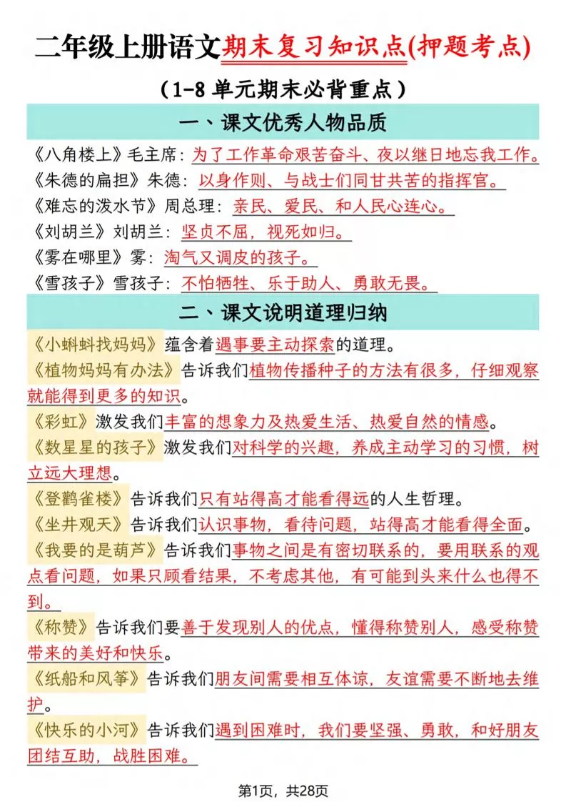 二年级上语文期末复习知识点(押题考点)-大象资料网