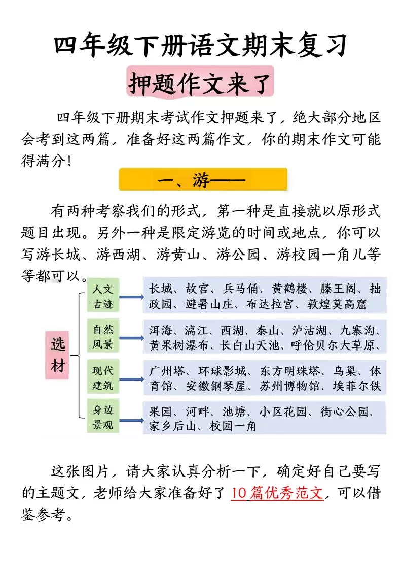 四年级下册语文期末复习押题作文-大象资料网