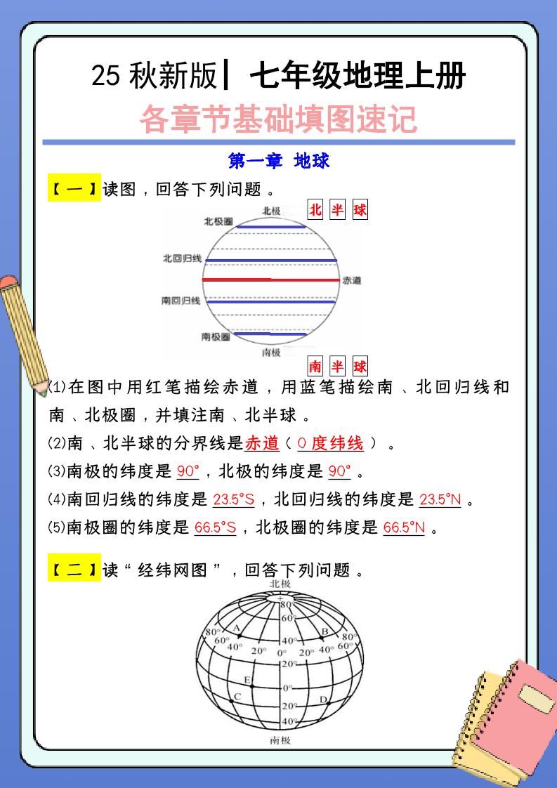 【2025秋新版】七年级地理上册：各章节基础填图速记（含答案）-大象资料网