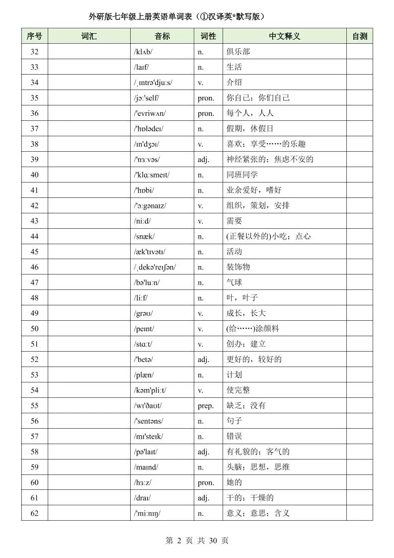 七年级上英语单词表（英汉互译默写）