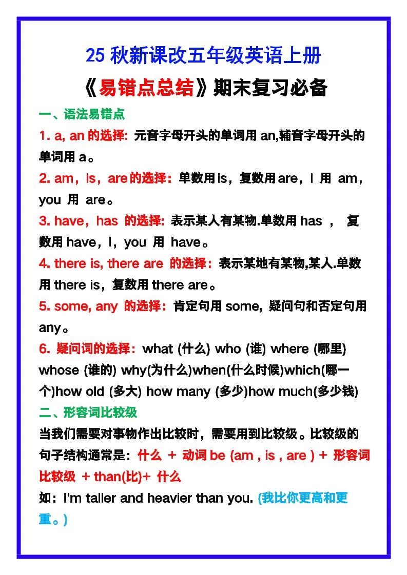 【2025秋新版】五年级英语上册《易错点总结》复习必备！-大象资料网