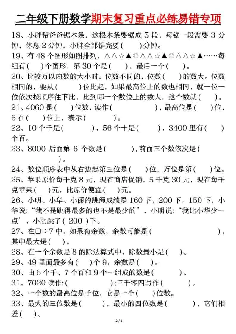 二年级下数学期末复习重点必练1