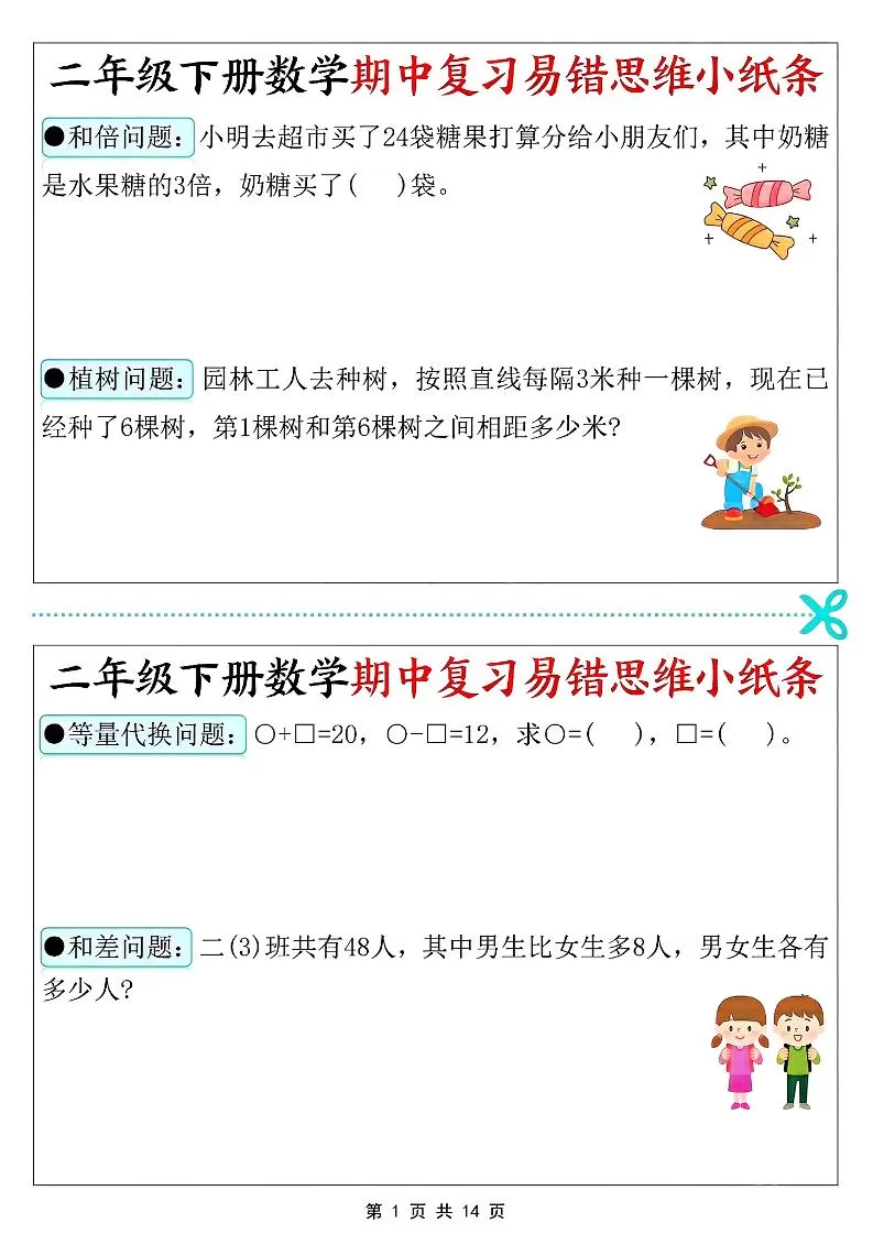 二年级下册数学期中复习易错思维小纸条-大象资料网