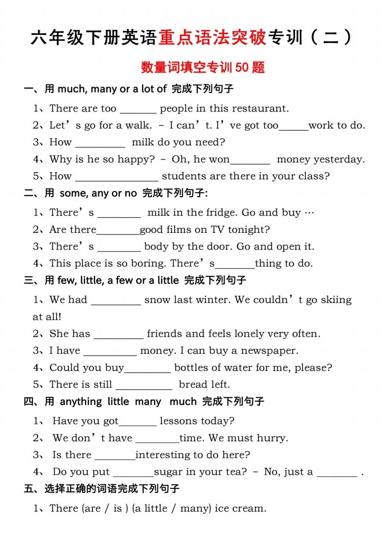 六年级下册人教PEP英语重点语法突破专项训（二）数量词填空-大象资料网