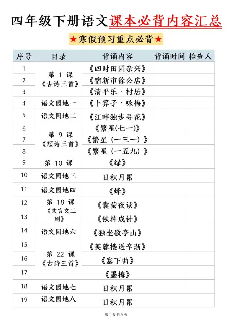 四下语文寒假预习课本必背内容汇总（9页）-大象资料网