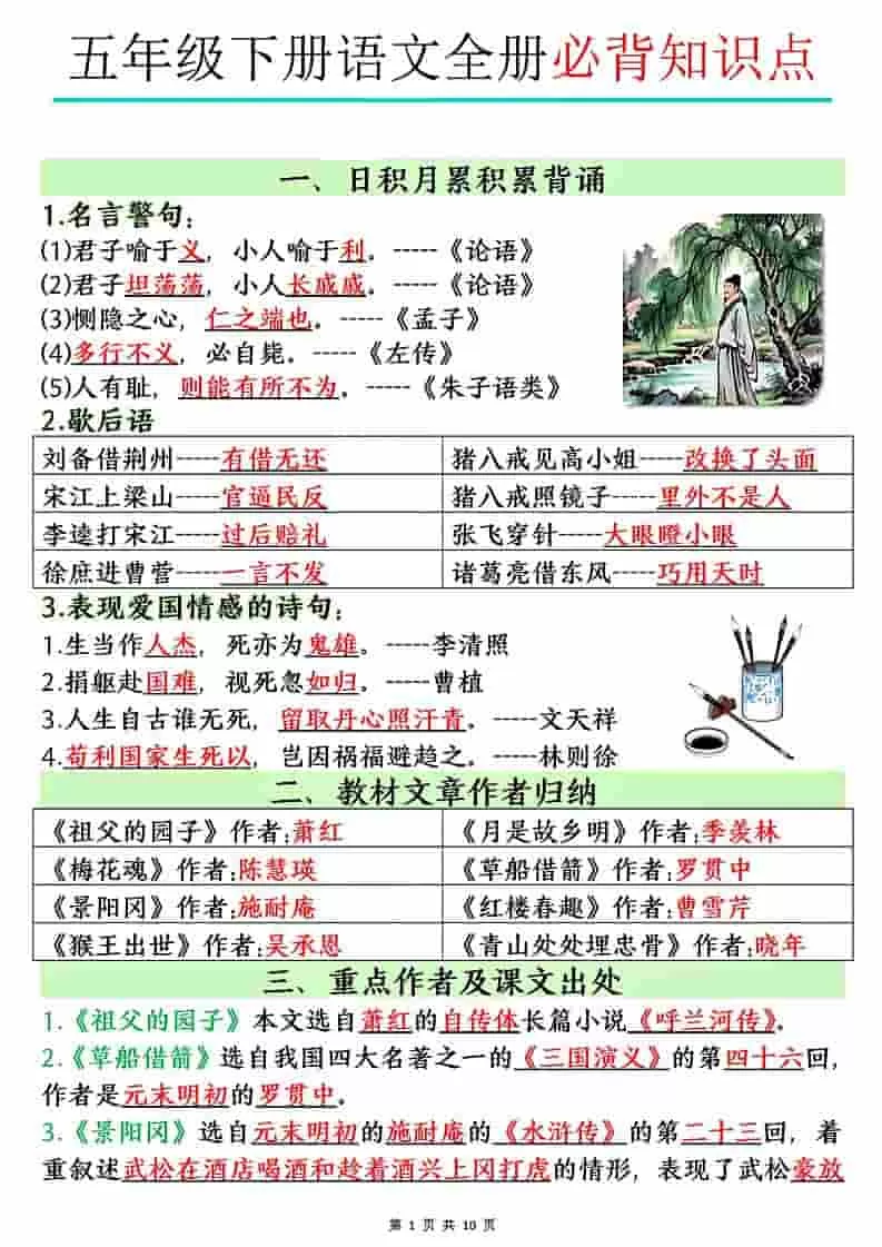 五年级下语文全册必背知识点-大象资料网
