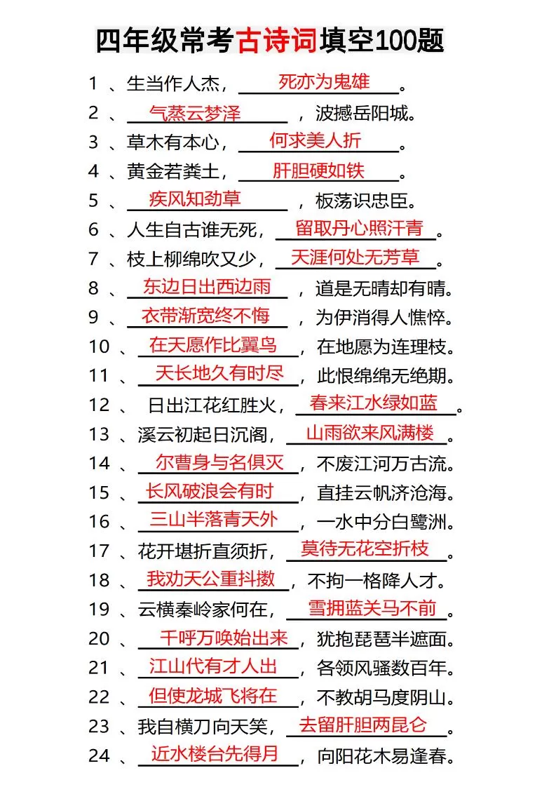 四年级下语文常考古诗词填空100题有答案-大象资料网