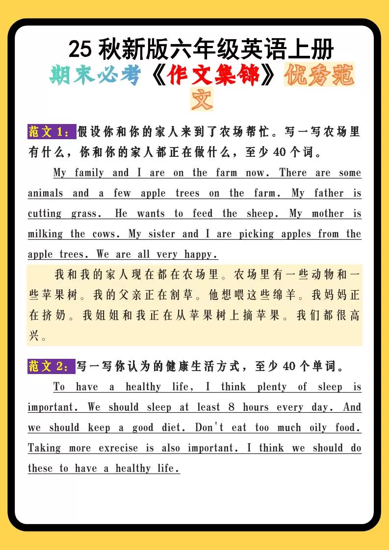 【2025秋新版】六年级英语上册期末必考《作文集锦》优秀范文-大象资料网