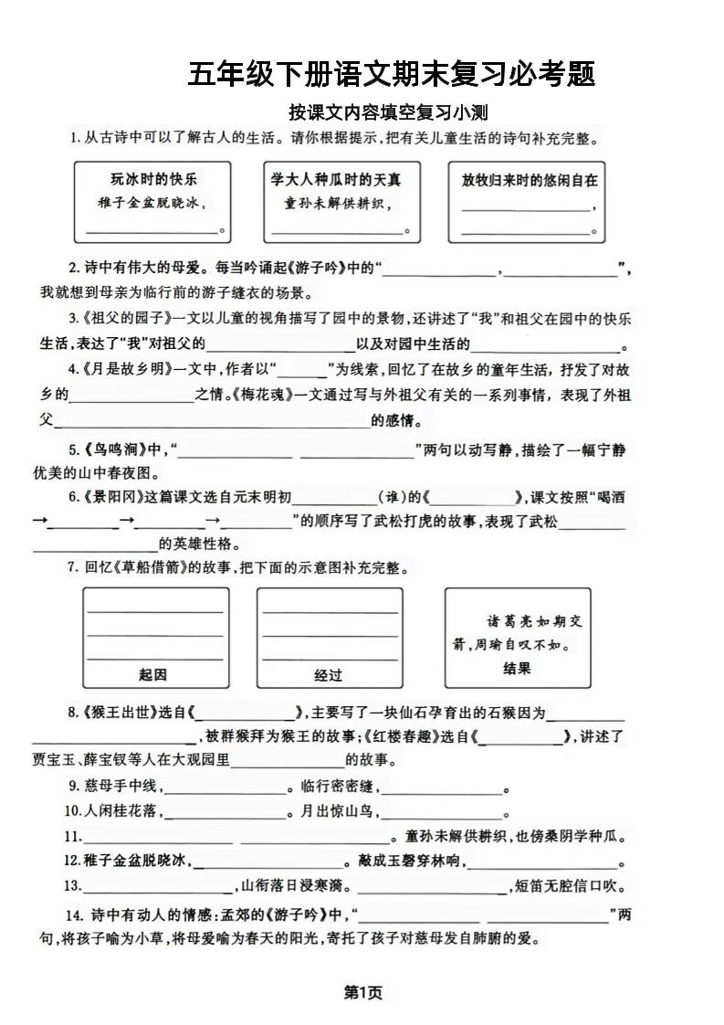 【期末复习必考题按课文内容填空专项-含答案】五下语文-大象资料网
