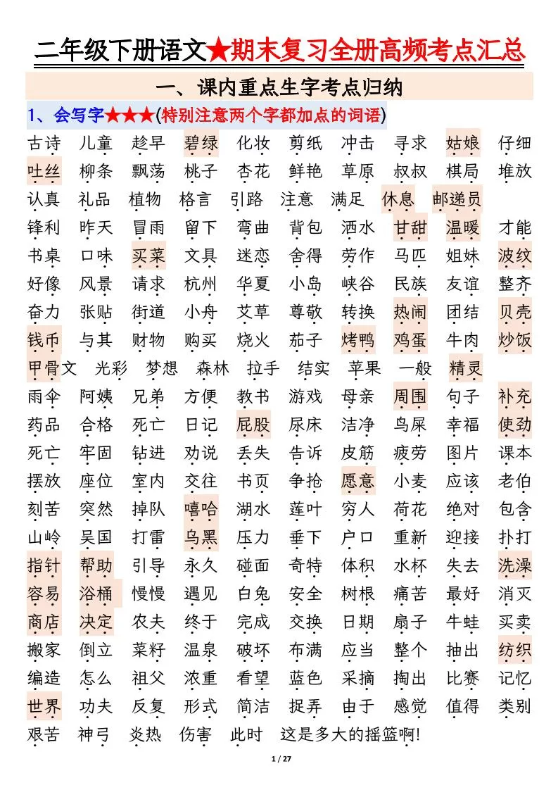【期末复习全册高频考点必考知识点汇总（27页）】二下语文-大象资料网