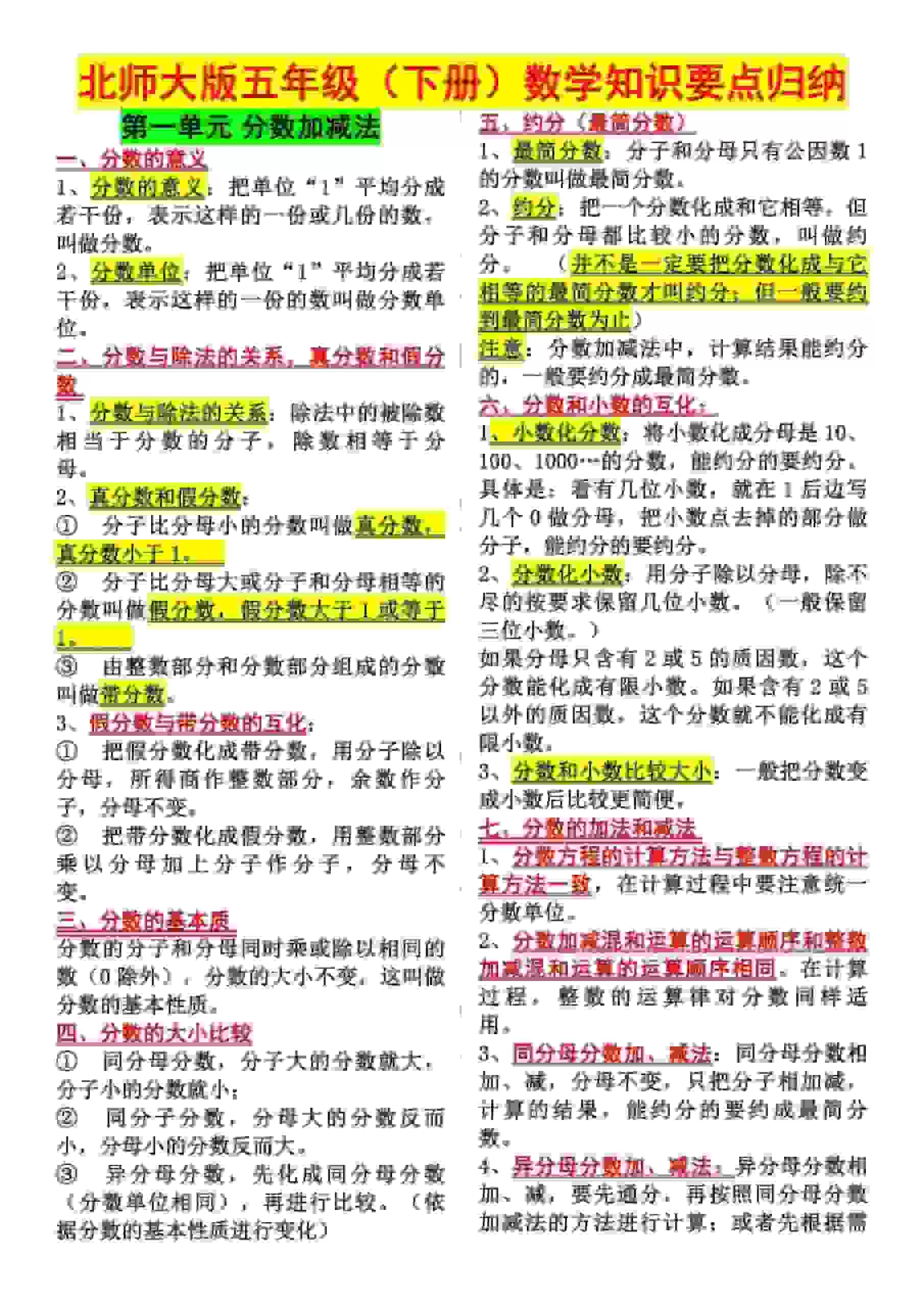 五年级下数学知识点归纳《北师版》-大象资料网