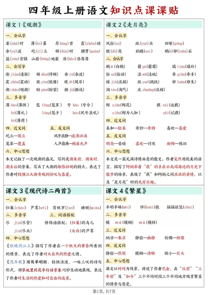 四上语文知识点课课贴7页-大象资料网