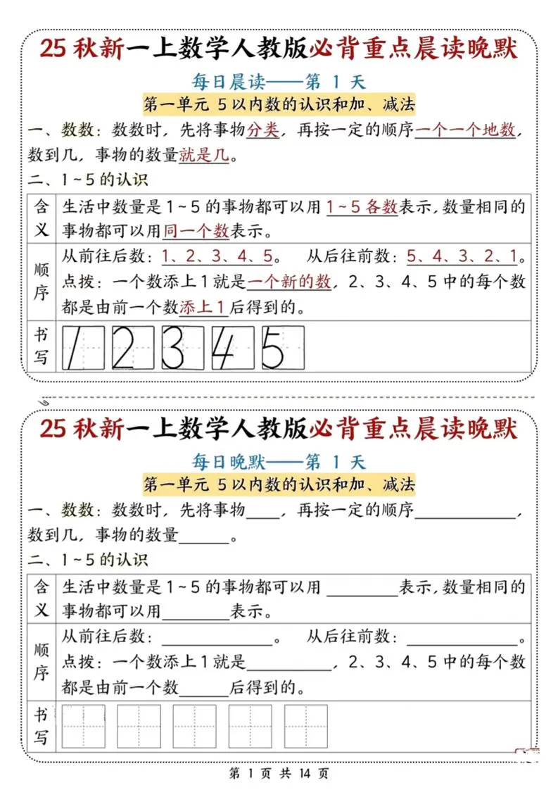 25秋新一上数学必背重点晨读晚默（人教版14页）-大象资料网
