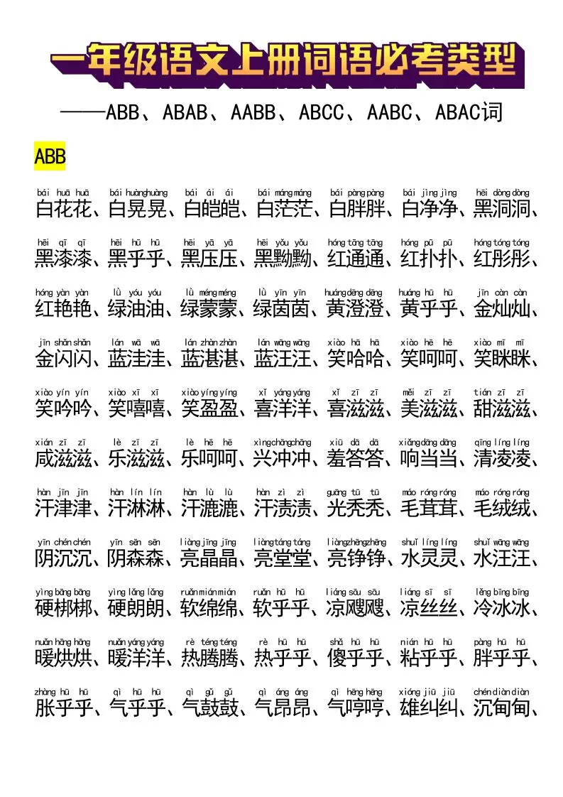 一年级语文上册词语必考类型-大象资料网