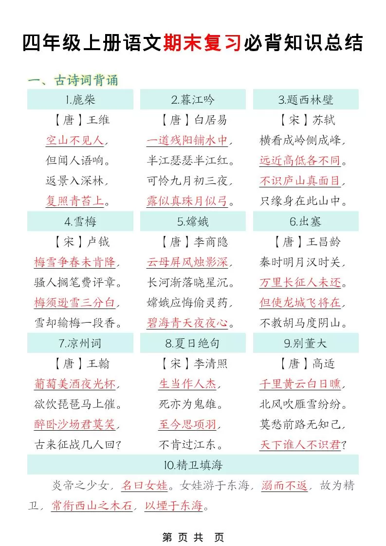 四年级上语文期末复习必背知识总结-大象资料网