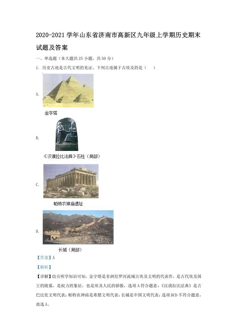 2020-2021学年山东省济南市高新区九年级上学期历史期末试题及答案(Word版)-大象资料网