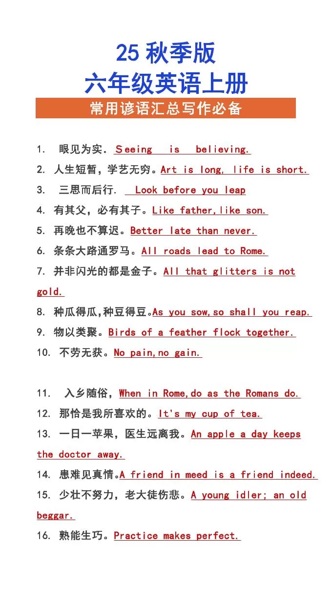 【2025秋新版】六年级上册英语常用谚语汇总写作必备-大象资料网