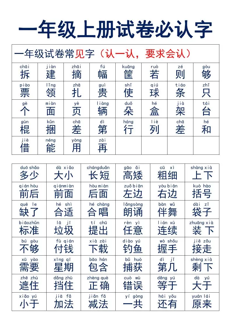 一年级上语文试卷必认字-大象资料网